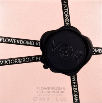 Różowe opakowanie perfum Viktor & Rolf Flowerbomb L'EDP 30ml z czarną pieczęcią V&R, widok z góry.