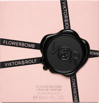 Viktor & Rolf Flowerbomb EDP, jasnoróżowe opakowanie prezentowe z czarnymi wstążkami i pieczęcią V&R, 30ml.