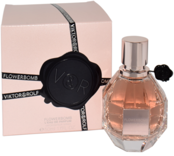 Viktor & Rolf Flowerbomb EDP, różowa fasetowana butelka i różowe pudełko z czarną wstążką i pieczęcią.