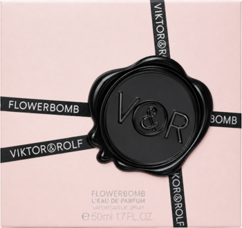 Opakowanie Viktor & Rolf Flowerbomb EDP 50ml, różowe pudełko z czarną wstążką i pieczęcią V&R.