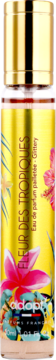 Adopt's Fleur des Tropiques woda perfumowana z brokatem, złota butelka z tropikalnymi kwiatami, widok z przodu.