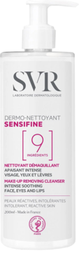 SVR Sensifine Dermo-Nettoyant, biały kojący płyn do demakijażu w butelce z pompką. Dla skóry wrażliwej.