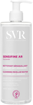 SVR Sensifine AR woda micelarna 400ml, do cery naczynkowej, w jasnej butelce z pompką, widok z przodu.
