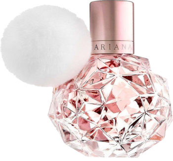 Perfumy damskie Ari by Ariana Grande: różowa fasetowana butelka z białym puszystym pomponem i metalową nakrętką.