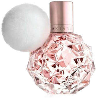 Perfumy Ari by Ariana Grande w różowej, fasetowanej butelce z białym, puszystym pomponem, widok z przodu.