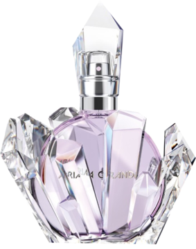 Ariana Grande R.E.M. perfumy w liliowym, fasetowanym flakonie przypominającym kryształ, srebrny atomizer, widok z przodu.