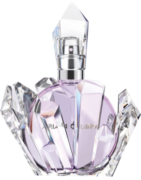 Ariana Grande R.E.M. perfumy w liliowym, fasetowanym flakonie przypominającym kryształ, srebrny atomizer, widok z przodu.