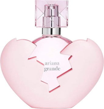 Perfumy Ariana Grande Thank U, Next w matowym flakonie w kształcie pękniętego serca, pastelowy róż, widok z przodu.