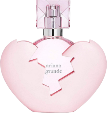 Perfumy Ariana Grande Thank U, Next w matowym flakonie w kształcie pękniętego serca, pastelowy róż, widok z przodu.