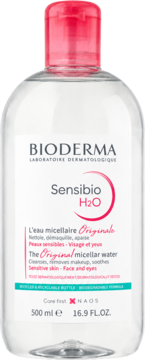 Bioderma Sensibio H2O micelarny płyn w przezroczystej butelce z różową nakrętką, przód, 500 ml.