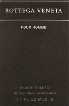 Bottega Veneta Pour Homme EDT, ciemnobrązowe pudełko 50 ml z białymi napisami, widok z przodu.