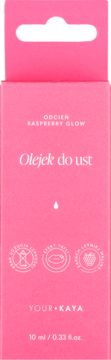 Różowe pudełko z olejkiem do ust YOUR + KAYA Raspberry Glow 10ml, z otworem na wieszak, widok z przodu.
