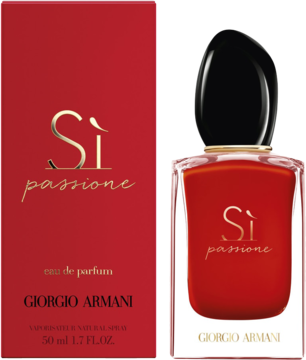 Czerwona butelka wody perfumowanej Giorgio Armani Si Passione z czarną nakrętką obok pasującego pudełka.