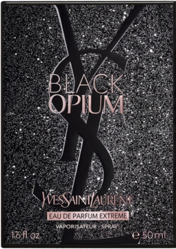 Czarne, brokatowe pudełko perfum Black Opium Extreme Yves Saint Laurent 50ml, widok z przodu, logo YSL.