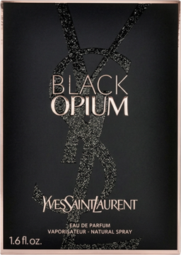 Perfumy Black Opium YSL EDP w czarnym pudełku z brokatowym logo i srebrnym napisem, widok z przodu.