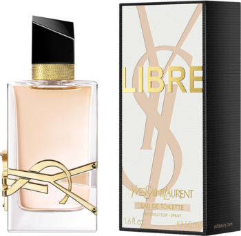 Yves Saint Laurent Libre Eau de Toilette: beżowo-złoty flakon ze złotym logo, obok czarne pudełko. Widok z przodu.