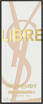 Front biało-beżowego pudełka perfum Yves Saint Laurent Libre Eau de Toilette ze złotym napisem i dużym logo YSL.