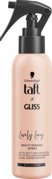 Schwarzkopf Taft x Gliss Lovely Long spray do włosów, różowa butelka z czarną pompką, widok z przodu.