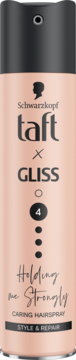 Pielęgnacyjny lakier Schwarzkopf Taft x Gliss Holding me Strongly, różowo-czarna puszka, przód, moc 4.
