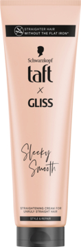 Brzoskwiniowa tuba kremu prostującego Schwarzkopf Taft x Gliss Sleeky Smooth, z czarną nakrętką, widok z przodu.
