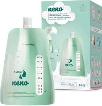 Neno, jasnozielone woreczki 150 ml do przechowywania i mrożenia pokarmu, z adapterem, na tle pudełka.