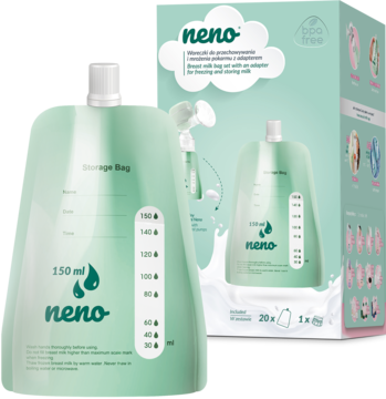 Neno, jasnozielone woreczki 150 ml do przechowywania i mrożenia pokarmu, z adapterem, na tle pudełka.