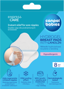 Canpol Babies Hydrogel Breast Pads z lanoliną, 8 szt., turkusowe opakowanie, ulga dla brodawek.