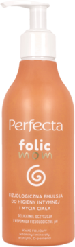 Pomarańczowa butelka Perfecta Folic Mom z białym dozownikiem, emulsja do higieny intymnej, widok przód.