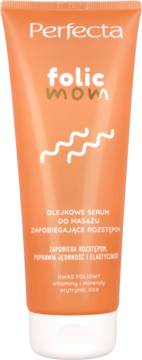 Perfecta Folic Mom olejkowe serum do masażu w pomarańczowej tubce, zapobiegające rozstępom, widok z przodu.