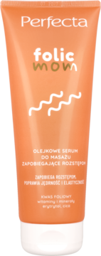 Perfecta Folic Mom olejkowe serum do masażu w pomarańczowej tubce, zapobiegające rozstępom, widok z przodu.