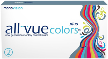 Białe pudełko miesięcznych soczewek All Vue Colors Plus z logotypem Monovision i kolorowymi falami, widok z przodu.