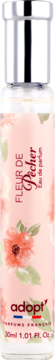 Adopt' Fleur de Pêcher EDP, różowa butelka z kwiatami brzoskwini, srebrna zakrętka, widok z przodu.