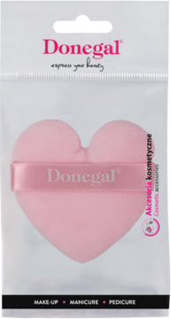 Donegal, różowy puszek do pudru w kształcie serca, miękki aplikator w przezroczystym opakowaniu.