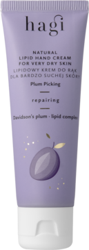 Hagi Natural Lipid Hand Cream Plum Picking, liliowa tubka z grafiką śliwki, do bardzo suchej skóry, widok z przodu.