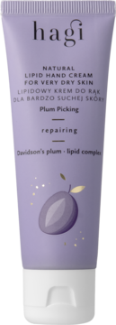 Hagi Natural Lipid Hand Cream Plum Picking, liliowa tubka z grafiką śliwki, do bardzo suchej skóry, widok z przodu.