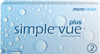 Niebieskie pudełko soczewek Simple Vue Plus, monavision, z kroplami wody i napisem 'UV protection'.