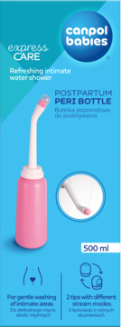 Canpol Babies Express Care, różowa butelka poporodowa 500 ml z białą dyszą i 2 końcówkami.