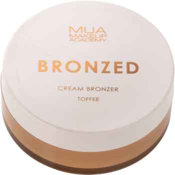Bronzer w kremie Mua Makeup Academy Bronzed Toffee, okrągłe białe opakowanie, widok z góry.