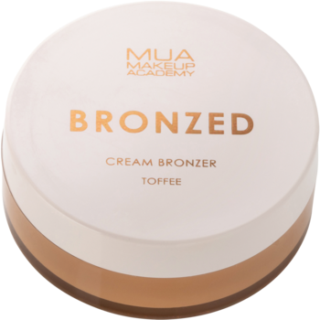 Bronzer w kremie Mua Makeup Academy Bronzed Toffee, okrągłe białe opakowanie, widok z góry.