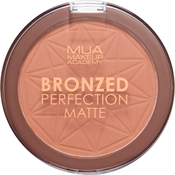 Matowy bronzer MUA Bronzed Perfection w okrągłej, brązowej puderniczce. Widoczny wytłoczony, geometryczny wzór.