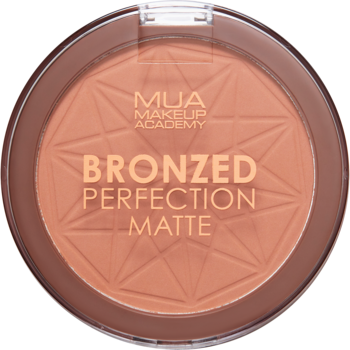 Matowy bronzer MUA Bronzed Perfection w okrągłej, brązowej puderniczce. Widoczny wytłoczony, geometryczny wzór.