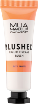 MUA Makeup Academy Blushed Liquid Cream Blush Tutti Frutti w białej tubce z pomarańczową górą, widok z przodu.