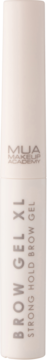 MUA Brow Gel XL Strong Hold, jasnokremowa tubka przezroczystego żelu do brwi, z przodu, widoczne logo MUA.