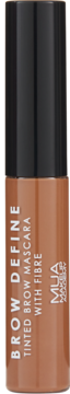 MUA Brow Define Tinted Brow Mascara z włóknami w brązowej butelce z czarną nakrętką, widok z przodu.