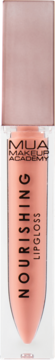 Błyszczyk MUA Makeup Academy Nourishing Lipgloss Super Nude, w przezroczystej butelce z beżową zakrętką, widok z przodu.