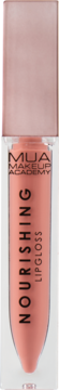 MUA MAKEUP ACADEMY Nourishing Lipgloss w odcieniu nude, w przezroczystej tubce z różową nakrętką, widok z przodu.