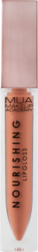 Błyszczyk MUA Make Up Academy Nourishing Lipgloss w brzoskwiniowym odcieniu, z różową nakrętką.