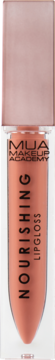 Pionowe ujęcie błyszczyka MUA Nourishing Lipgloss w odcieniu Heartfelt, brzoskwiniowo-nude, w tubce.