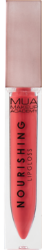 MUA Nourishing Lipgloss: koralowy błyszczyk w przezroczystej tubce, różowo-złota nakrętka, widok z przodu.