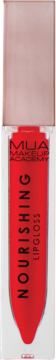 Czerwony, odżywczy błyszczyk MUA Makeup Academy w przezroczystej tubce z jasną nakrętką, widok z przodu.